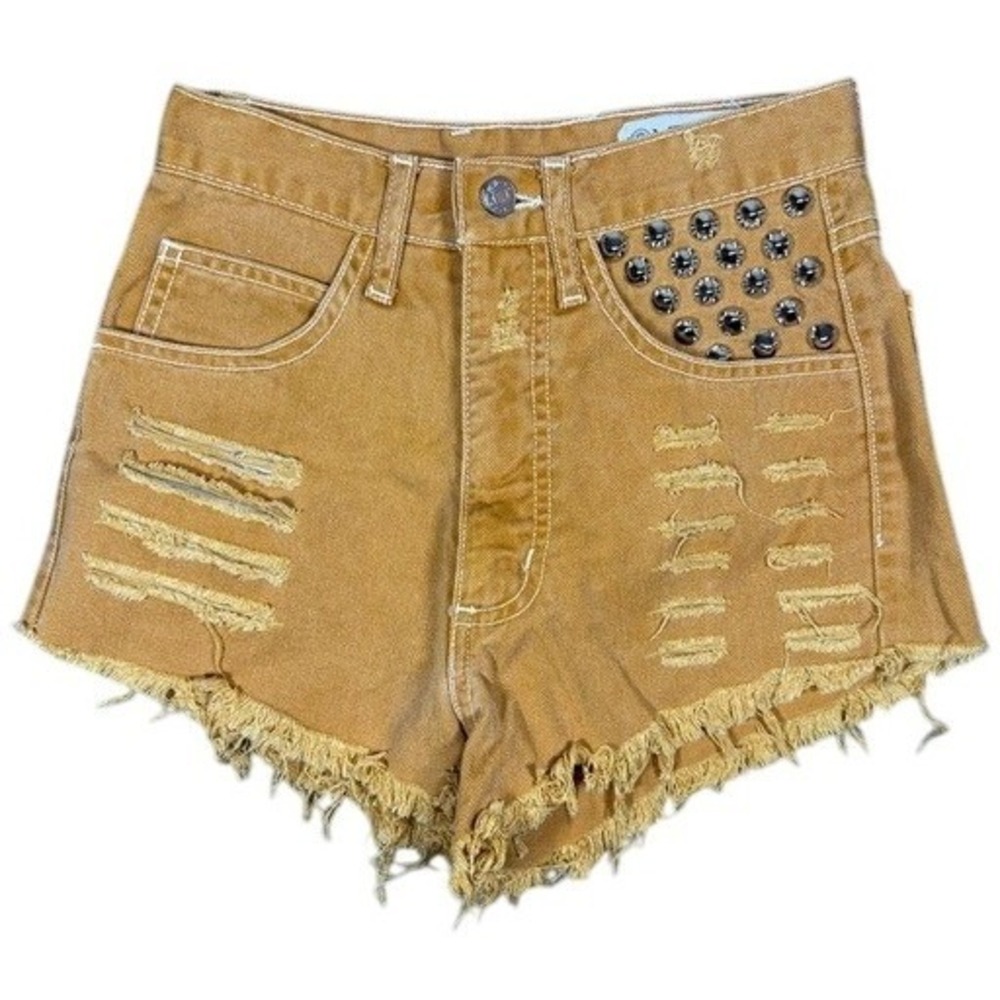 Vintage Guess Georges Marciano Men Eye Studded Distressed Denim Shorts Tan 26